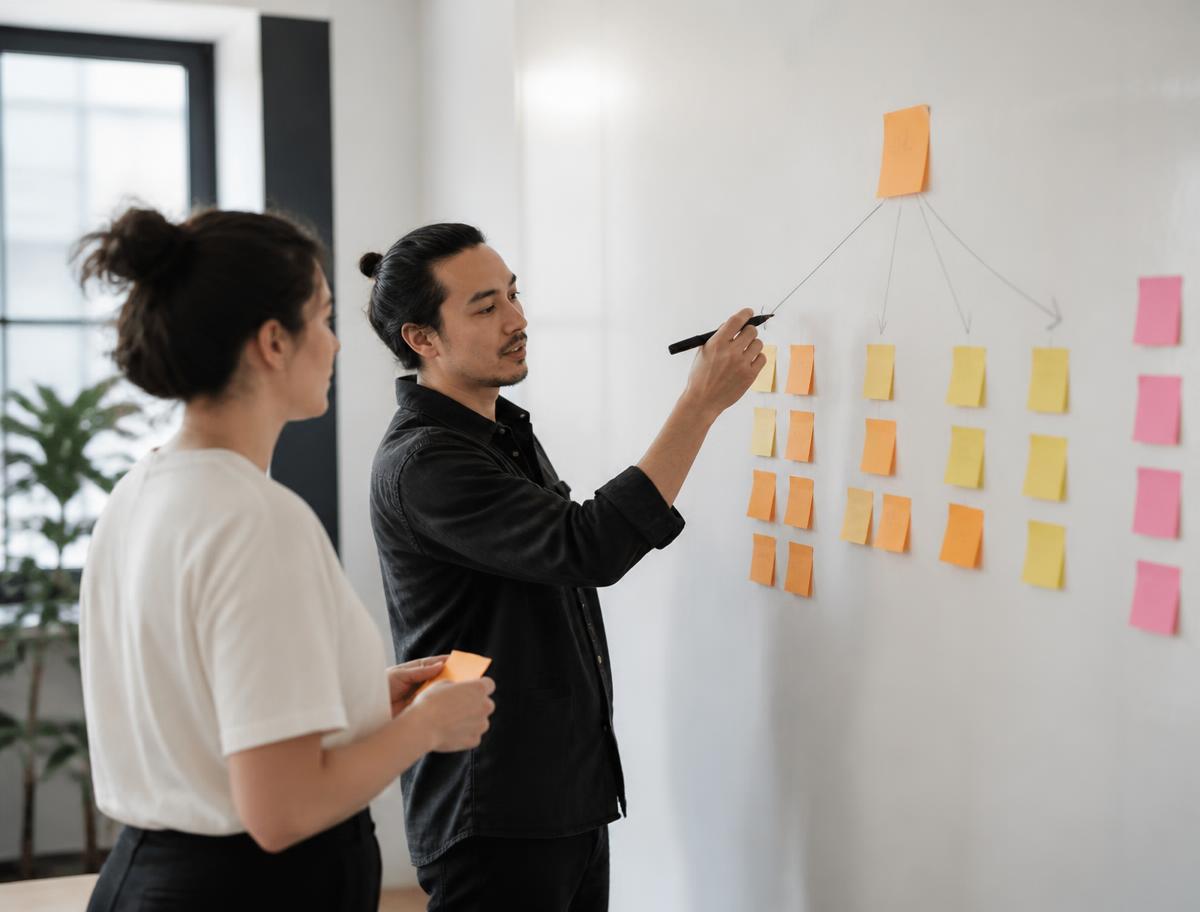Two colleagues at a whiteboard mapping one pillar sticky note into rows of smaller sticky notes