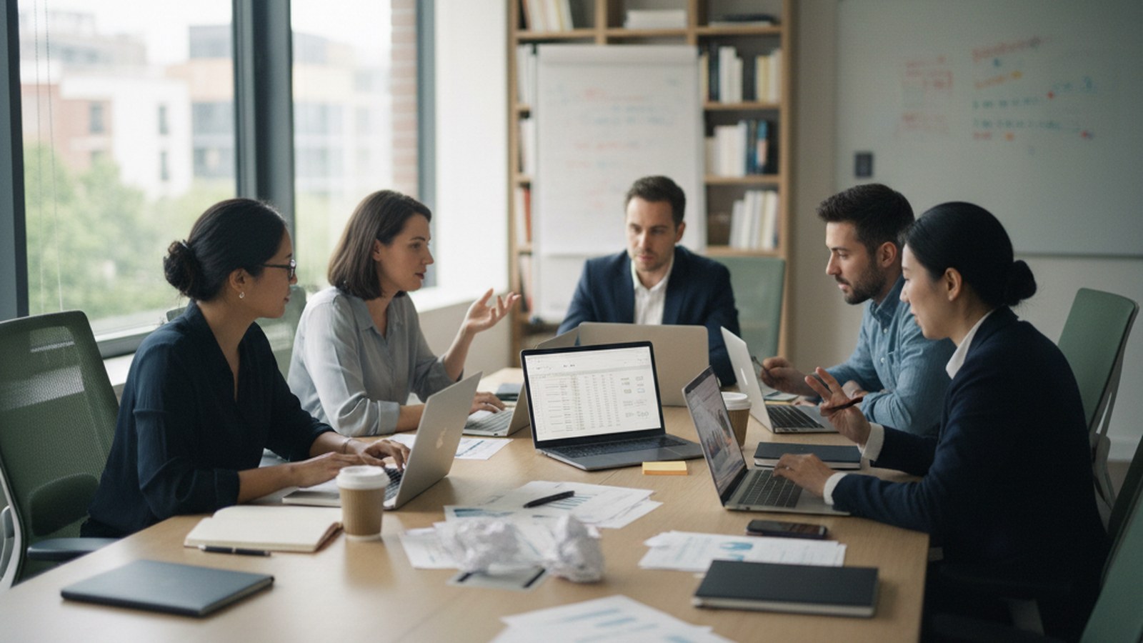 A proposal team meeting around a table with laptops open to case studies and a shared pricing sheet