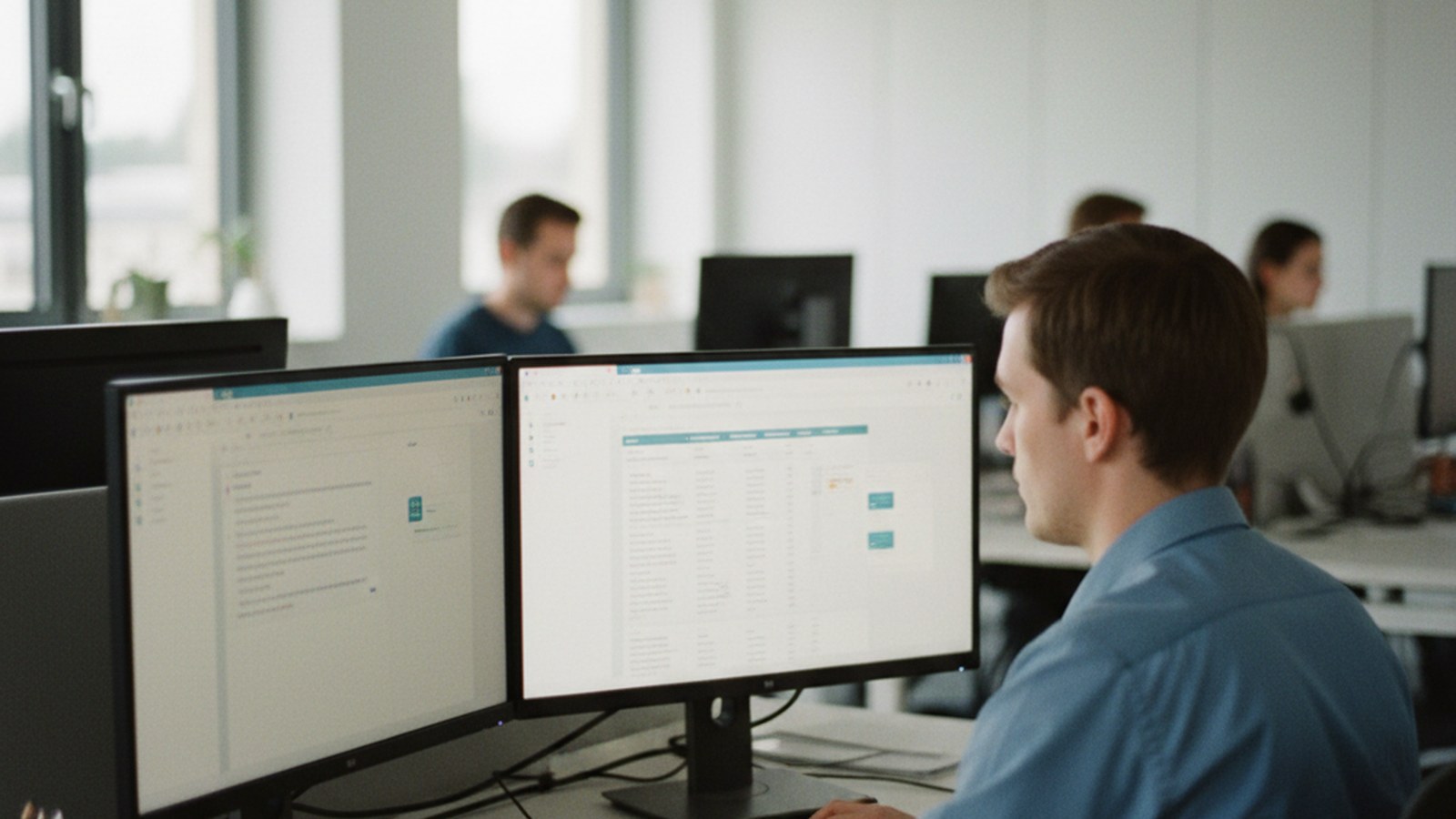 A customer support agent's monitor showing a chat widget conversation, with a second screen open to internal documentation