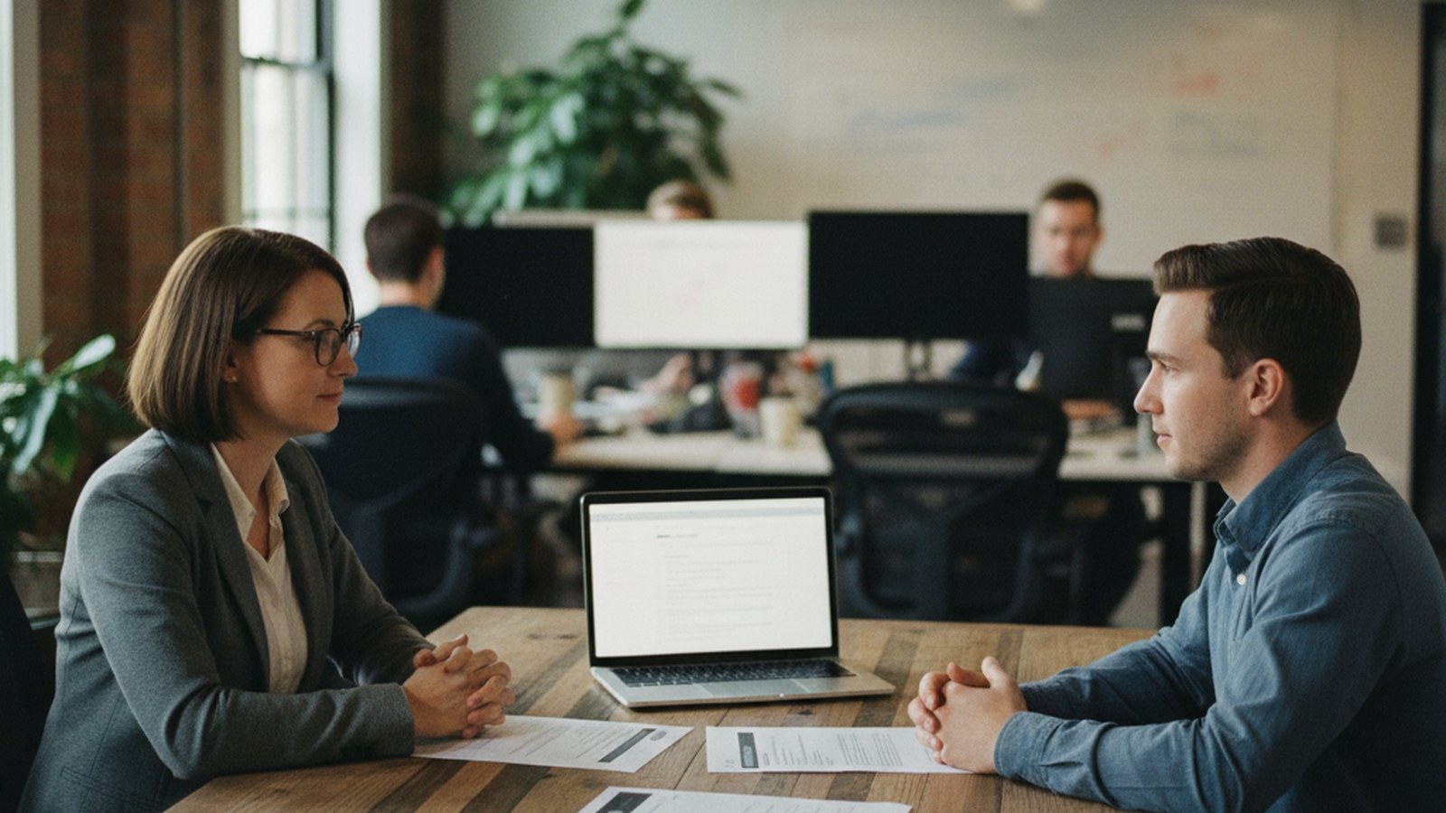 A hiring manager and candidate in an interview, notes and a printed resume on the table between them