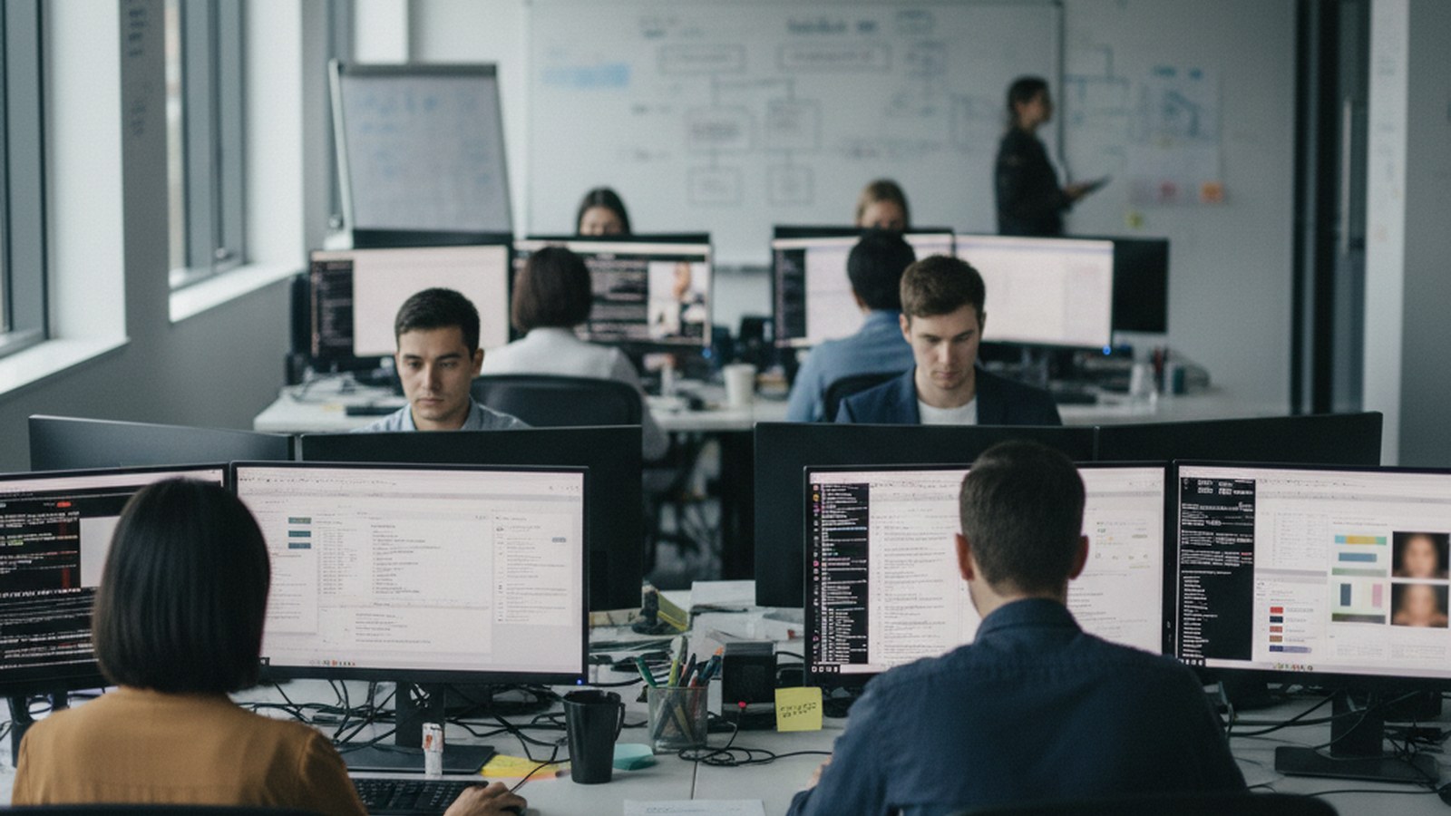 A content moderation team in an open office reviewing cases on shared screens