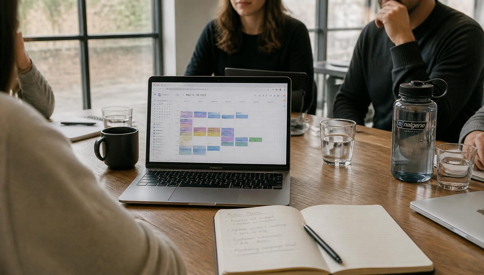 A meeting room table with an open laptop showing a shared calendar and a notebook of action items