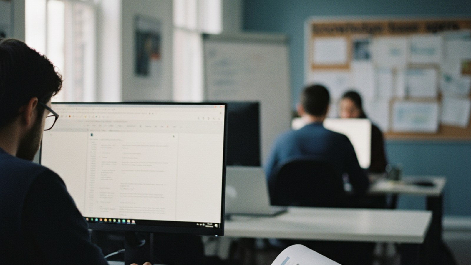A technical writer editing a knowledge-base article on a monitor, with a style-guide printout on the desk