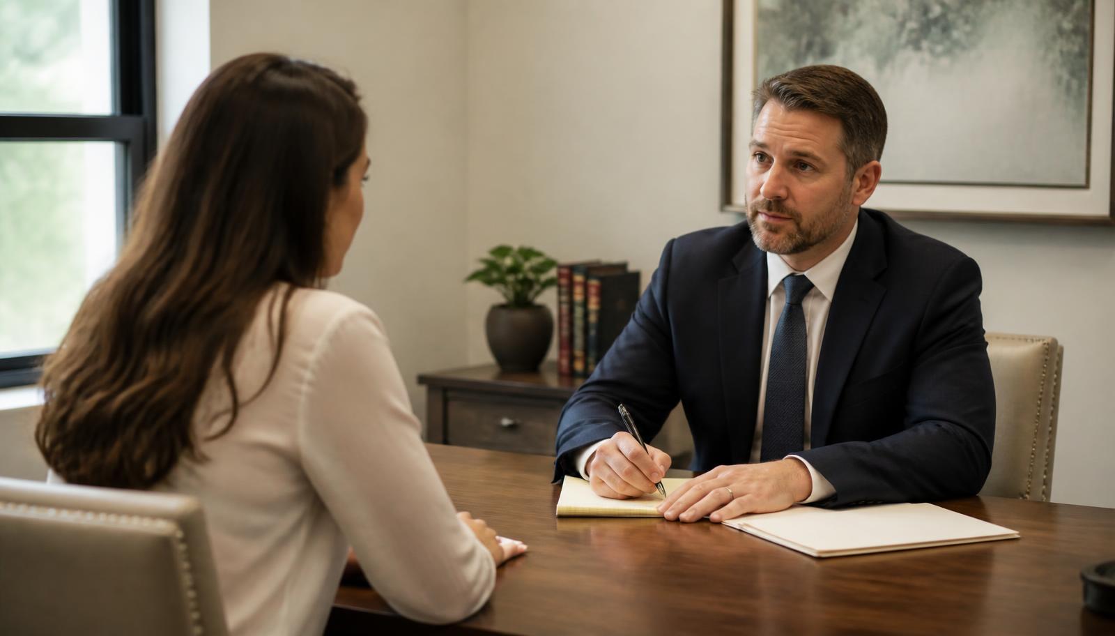 An attorney taking notes across the table from a prospective client