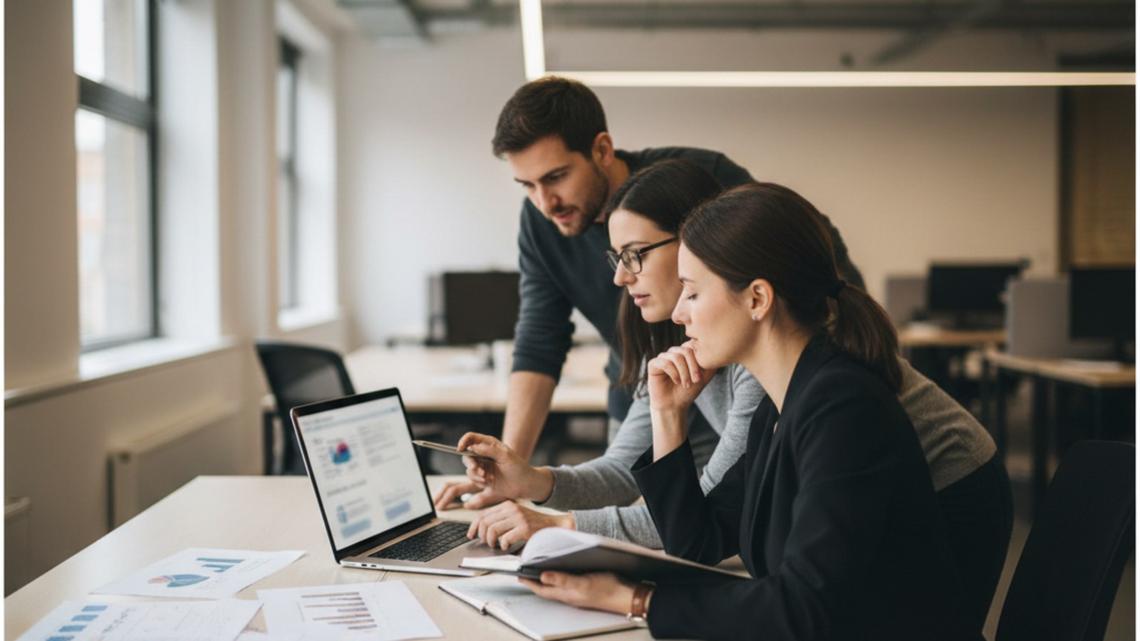 A small hiring team gathered around a laptop reviewing a candidate pipeline together