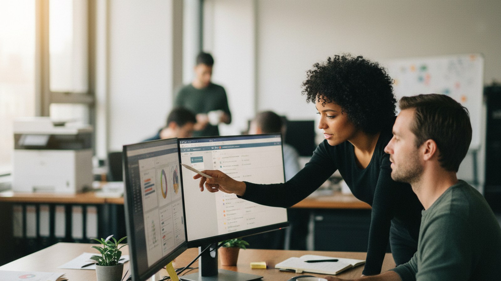 Two coworkers at a shared desk comparing a CRM dashboard on one screen with an email inbox on another