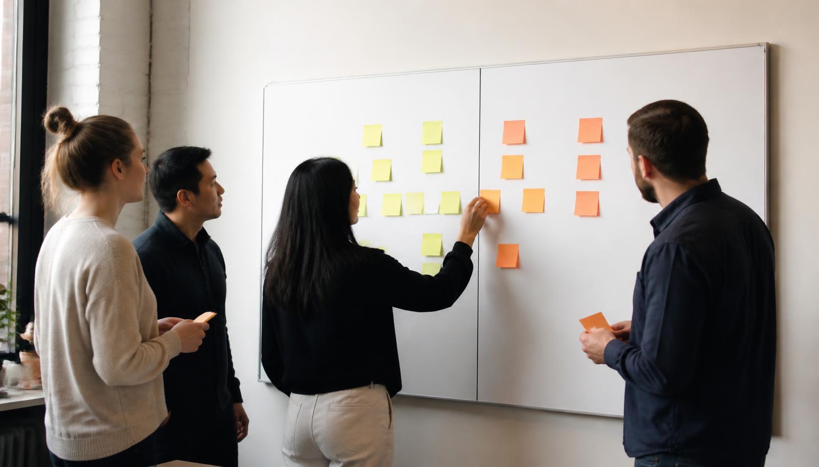 A sales team at a whiteboard sorting sticky notes into fit and no-fit columns
