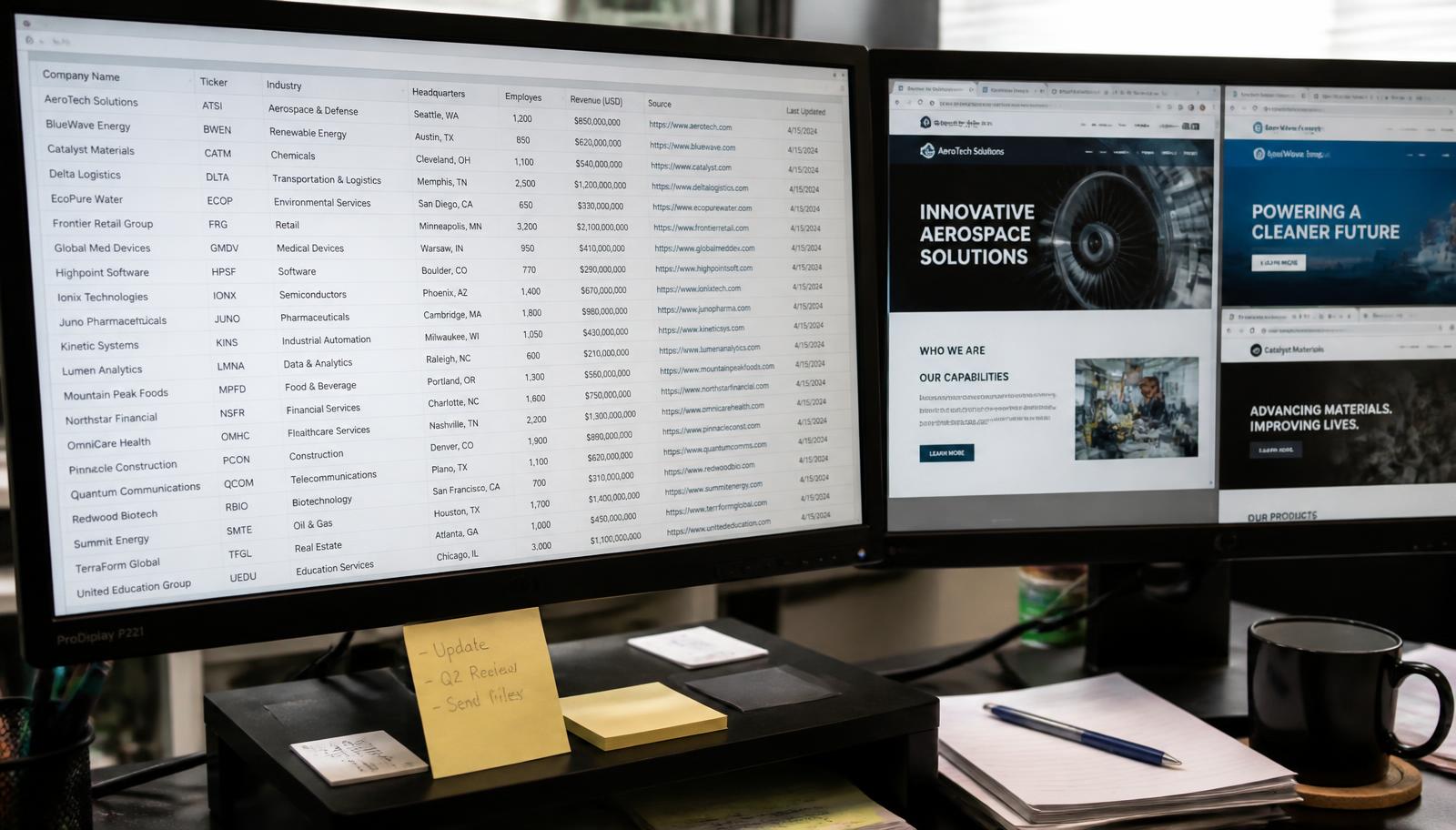 Two monitors on an analyst's desk showing rows of company records next to open browser tabs of source websites
