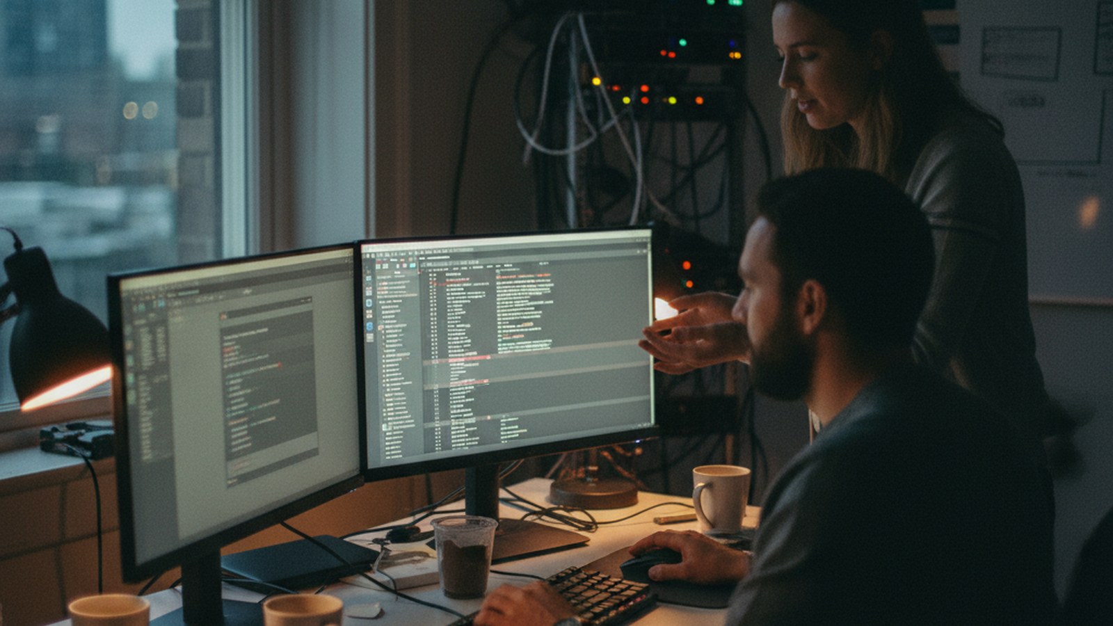 A developer's dual-monitor desk at night with an agent's system prompt open on one screen and a live run log on the other