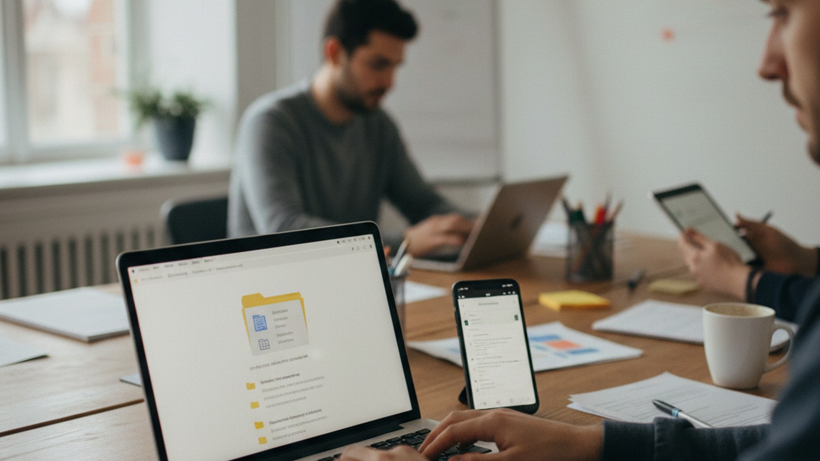 A laptop open to a folder of saved prompt documents next to a phone with a notes app open