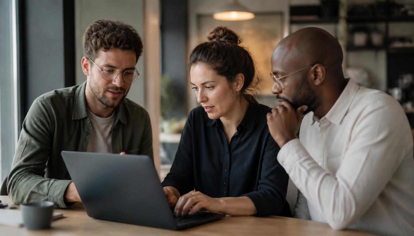 A small team gathered around one laptop configuring an internal assistant together