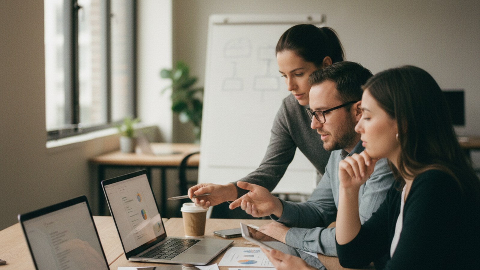 A small accounting team reviewing a reconciliation report together at a shared desk