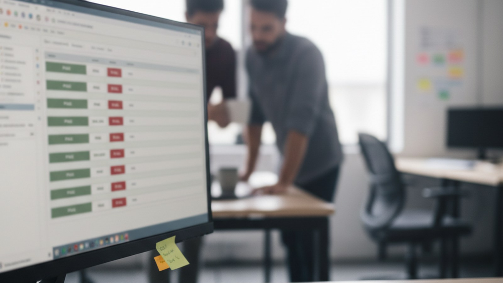 A monitor showing a scored review dashboard with pass and fail rows, next to a notebook of flagged errors