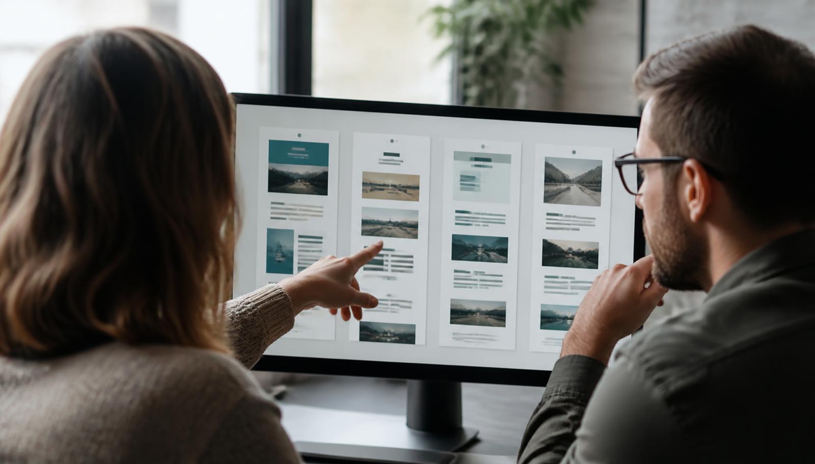 Two marketers reviewing several versions of an email layout on a large monitor