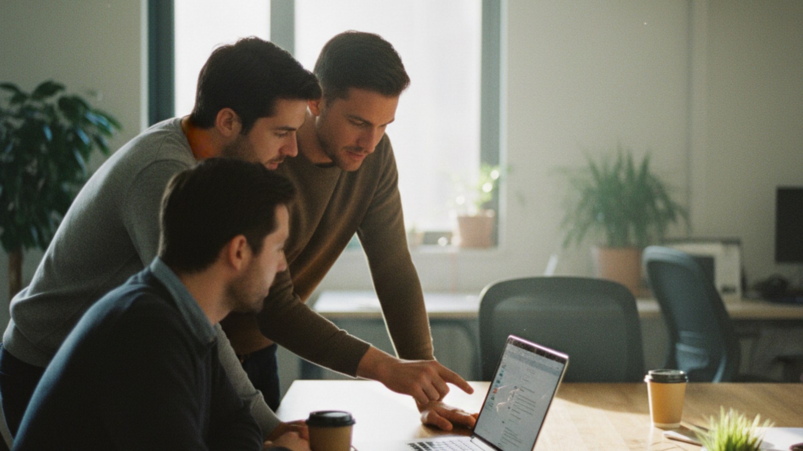 A small team gathered around a laptop reviewing a list of connected apps and triggers
