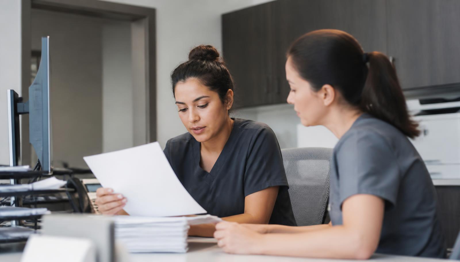 Two clinic staff working through a stack of insurance authorization forms at a back-office workstation