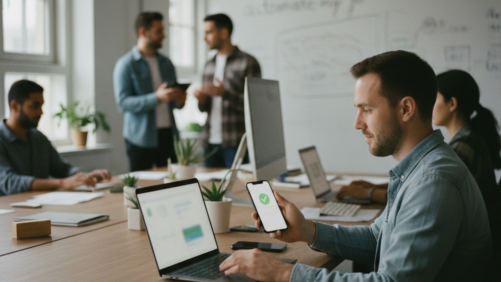 A worker glancing at their phone showing a completed automation while closing their laptop early