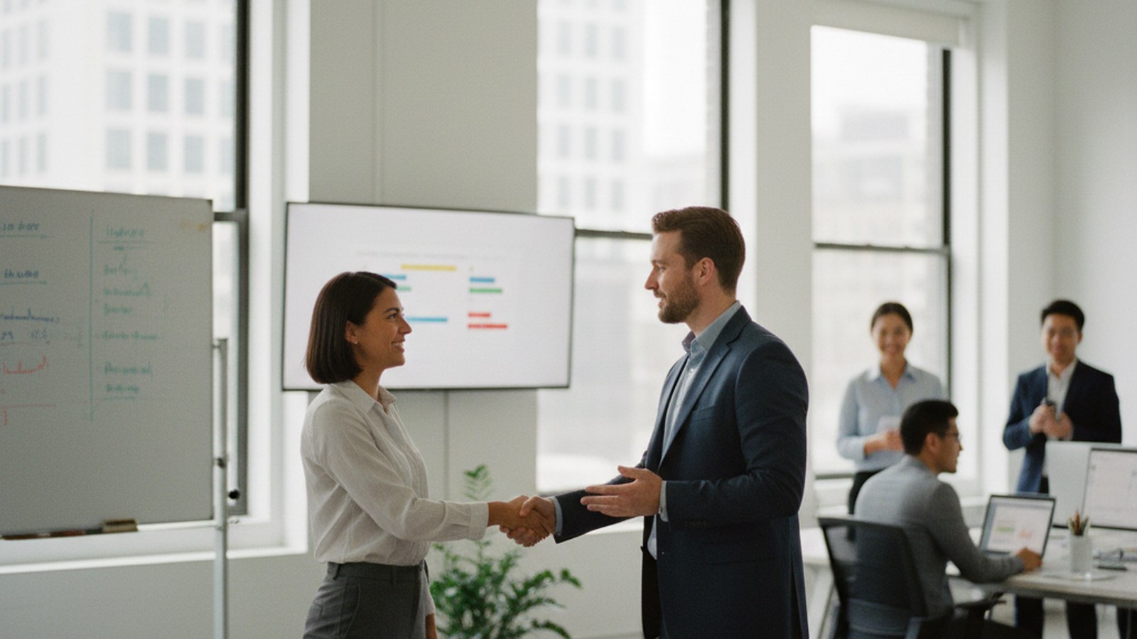 A new employee shaking hands with a manager in a bright office lobby on their first day