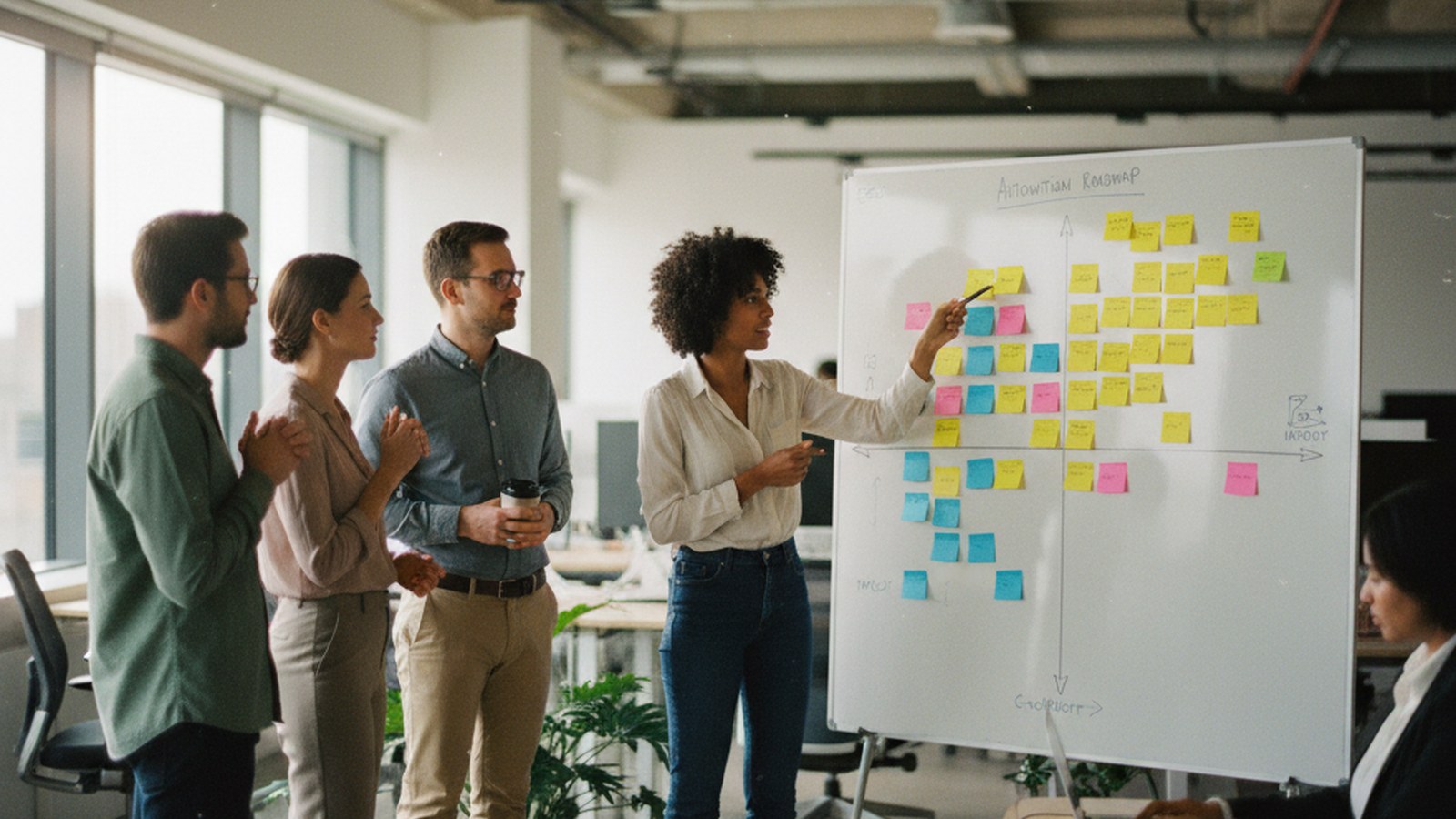 A team standing around a whiteboard covered in sticky notes ranked by effort and impact