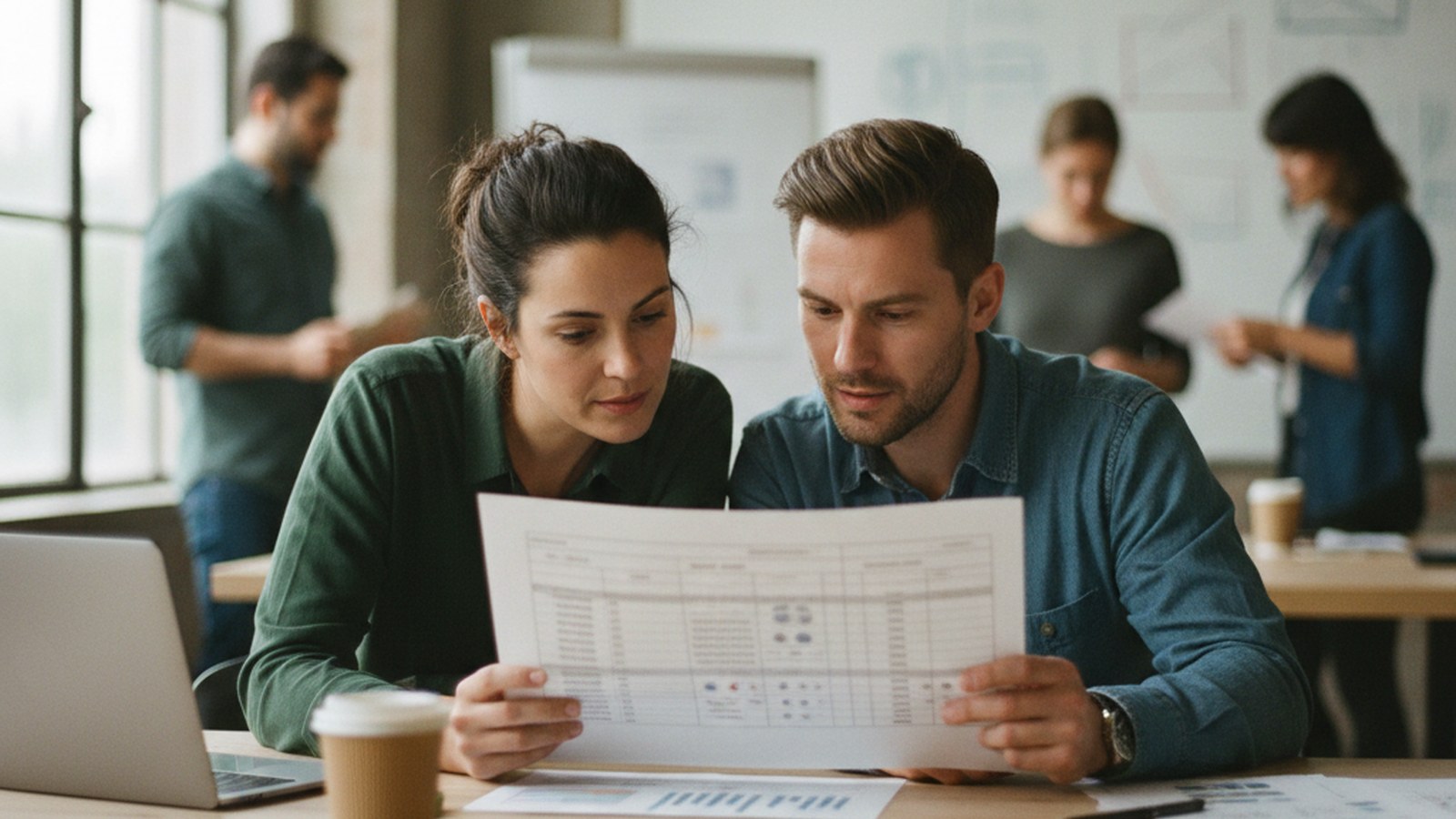 Two colleagues reviewing a printed cost model with columns for baseline, AI spend and payback period
