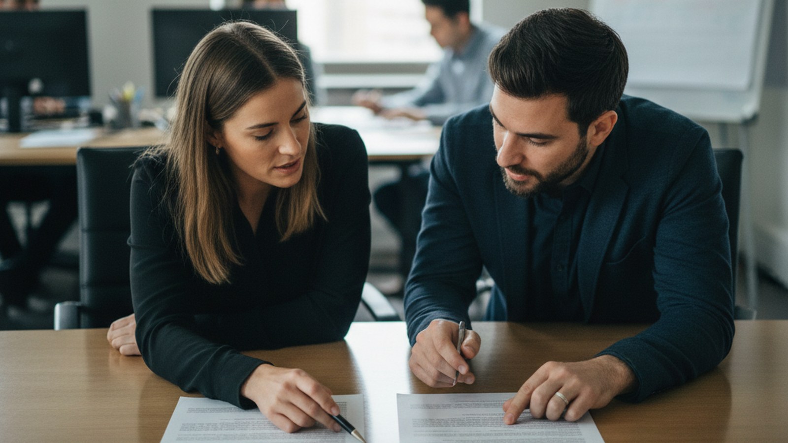 Two colleagues comparing two printed prompt versions side by side on a conference table
