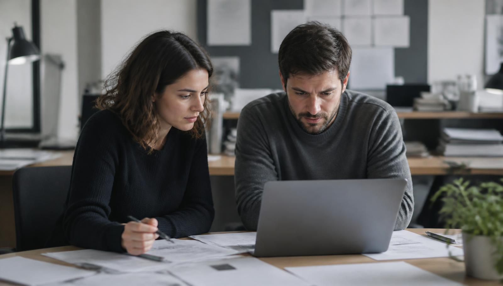 Two coworkers refining a written brief on a laptop with marked-up printed drafts around them