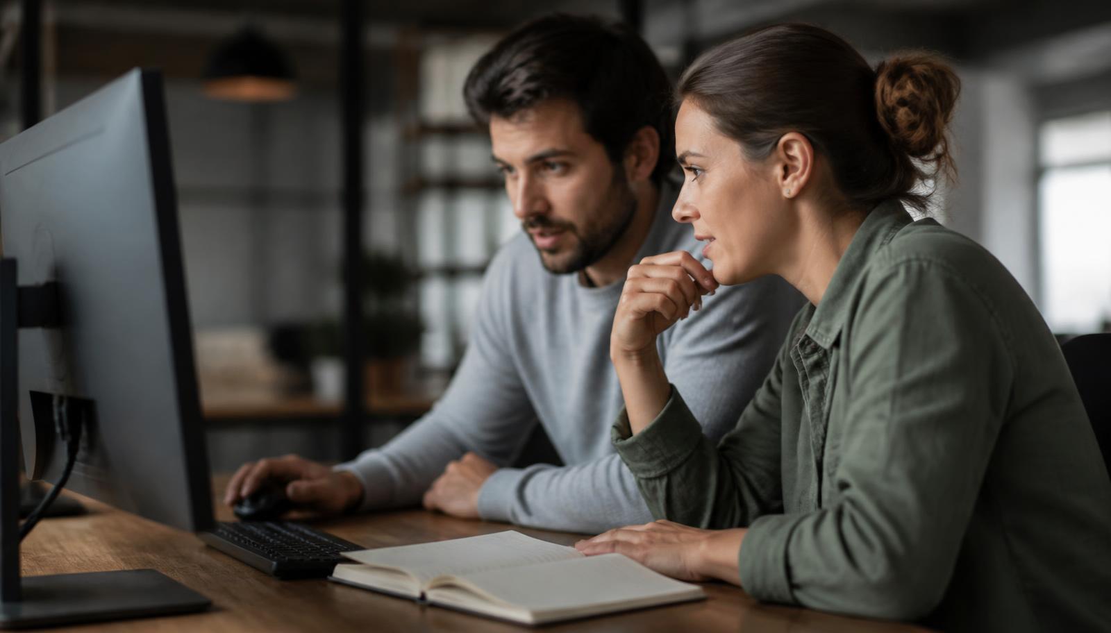 Two colleagues reading an output together at one monitor