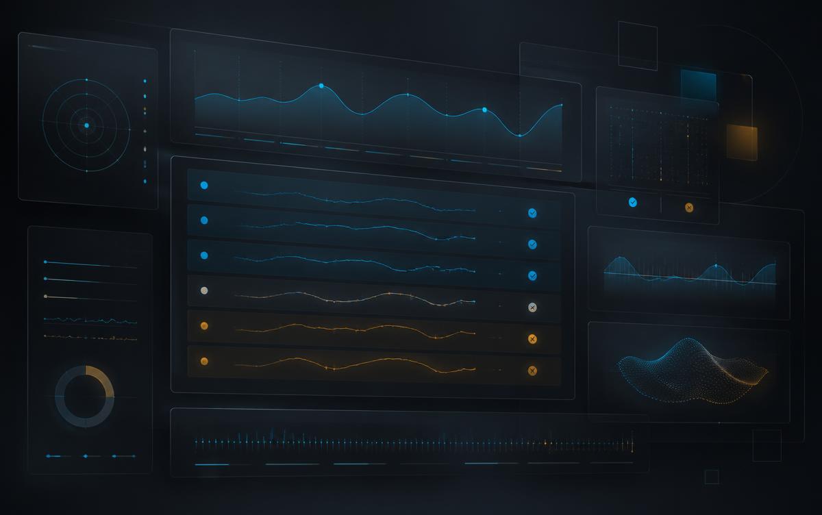 Panels of traces and pass-fail markers from an evaluation run