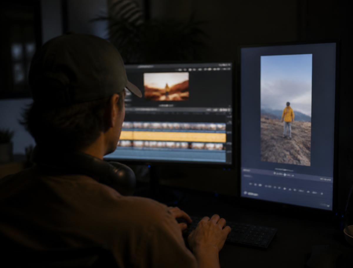 A video editor at a two-monitor workstation cutting a vertical clip from a widescreen timeline