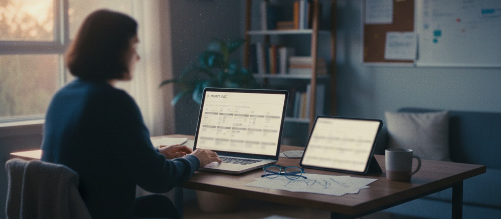 A quiet home office at dusk with a laptop open to a saved prompt library