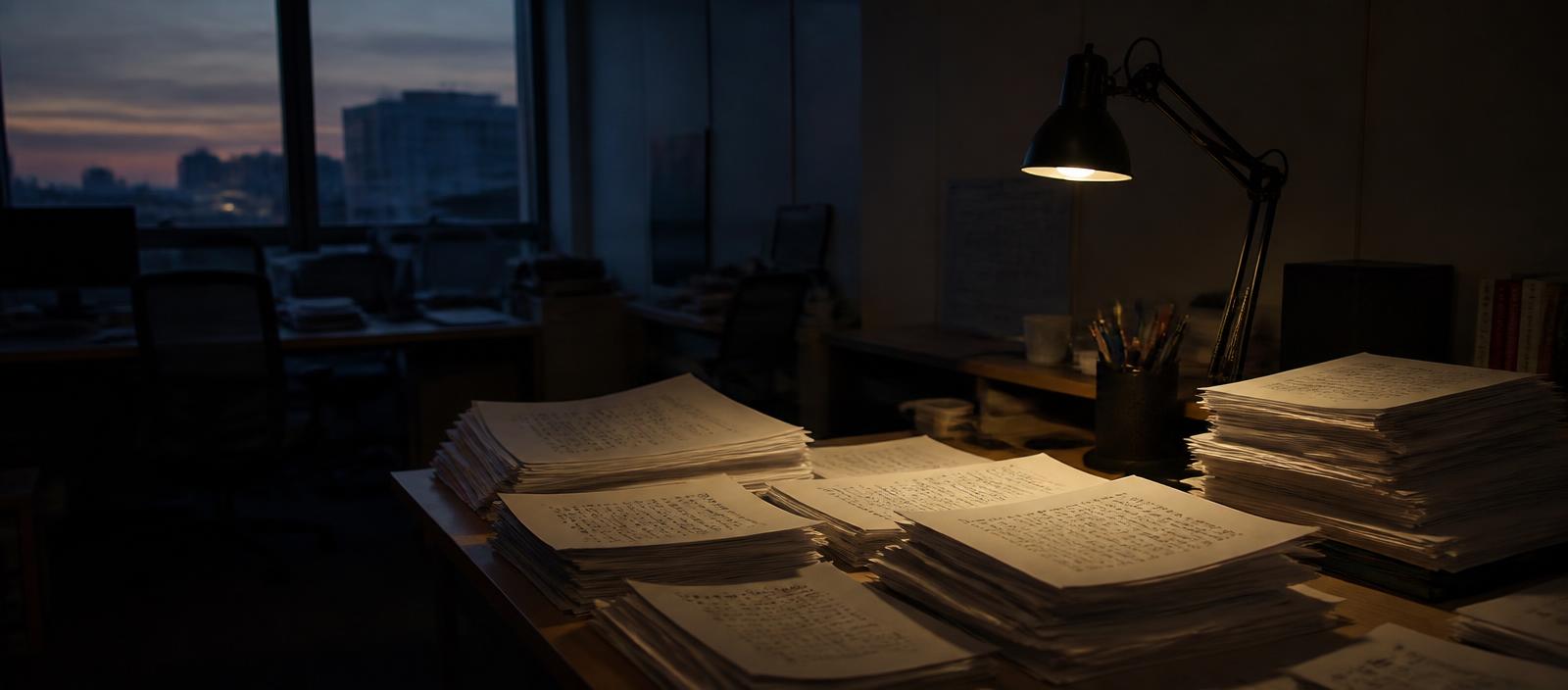 A quiet office at dusk with stacked printed pages and a lit desk lamp