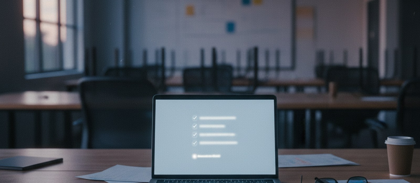 An empty desk at dusk with a laptop screen glowing showing a completed automation checklist