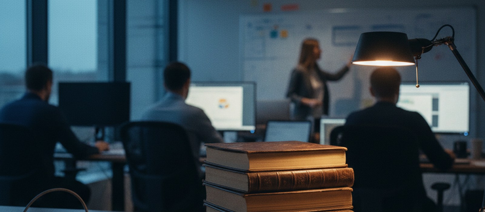 An accounting office at dusk with a desk lamp lighting a stack of closed ledgers