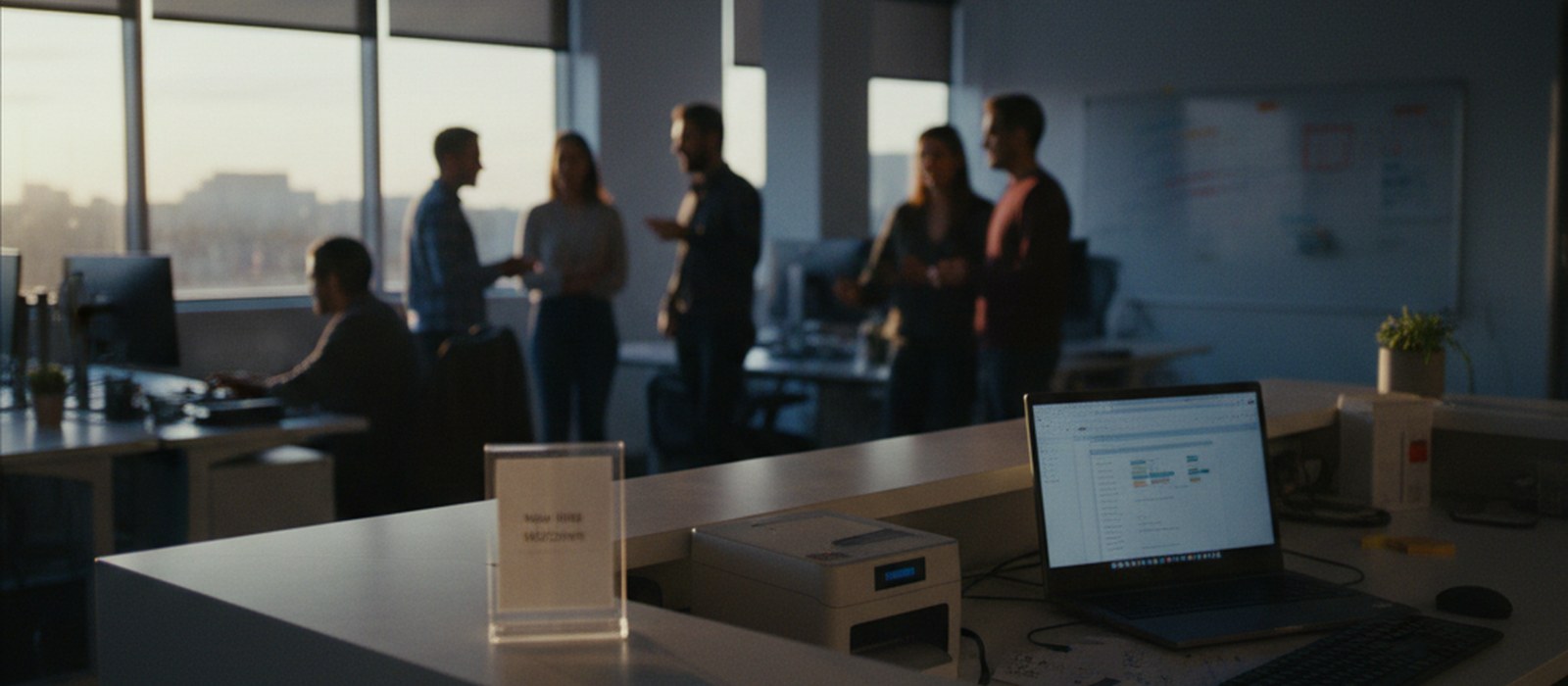 An office reception desk at dusk with a visitor badge printer and an empty new-hire welcome sign