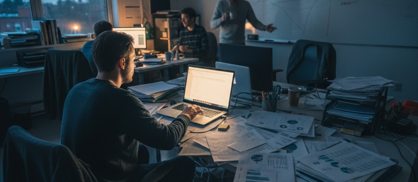 An office at dusk with a laptop screen still glowing over a desk of data printouts