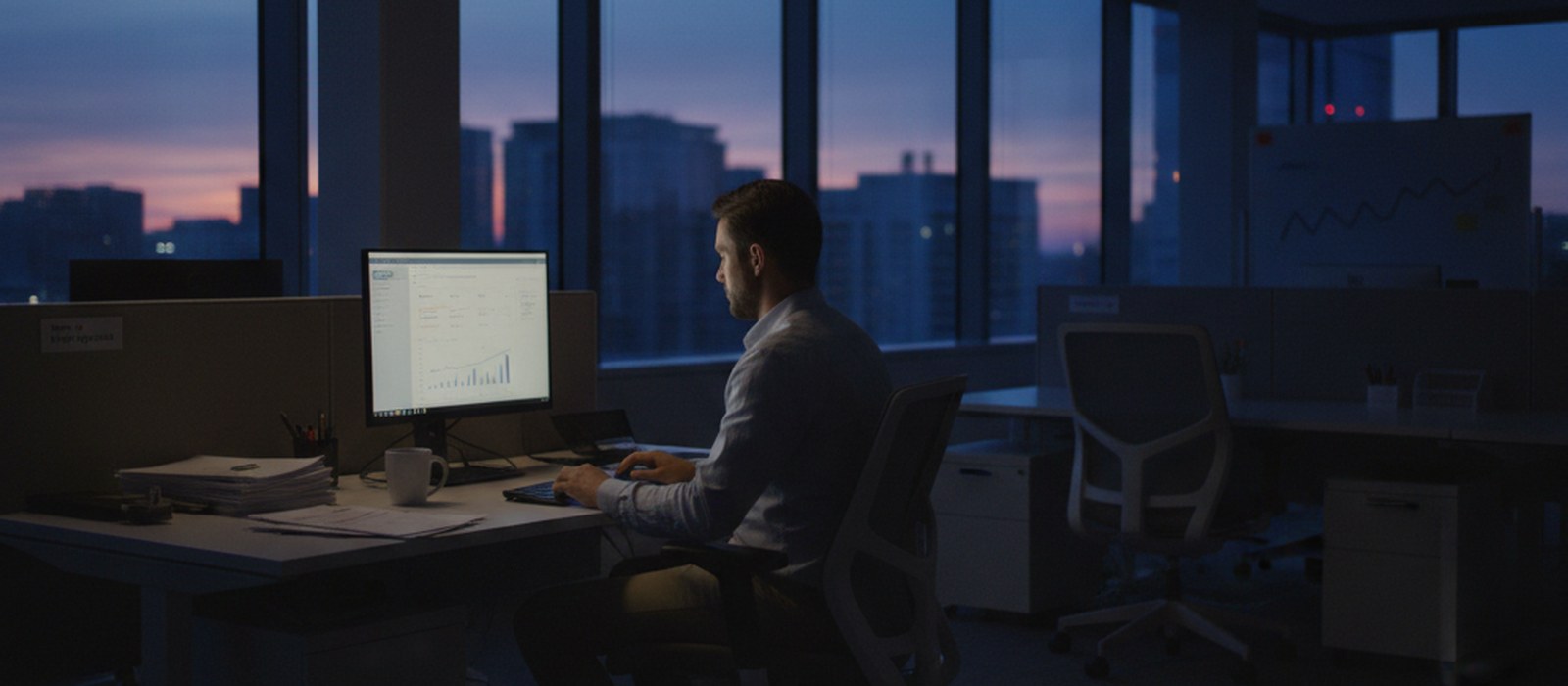 An office at dusk with a recruiter still at their desk finishing a candidate pipeline review