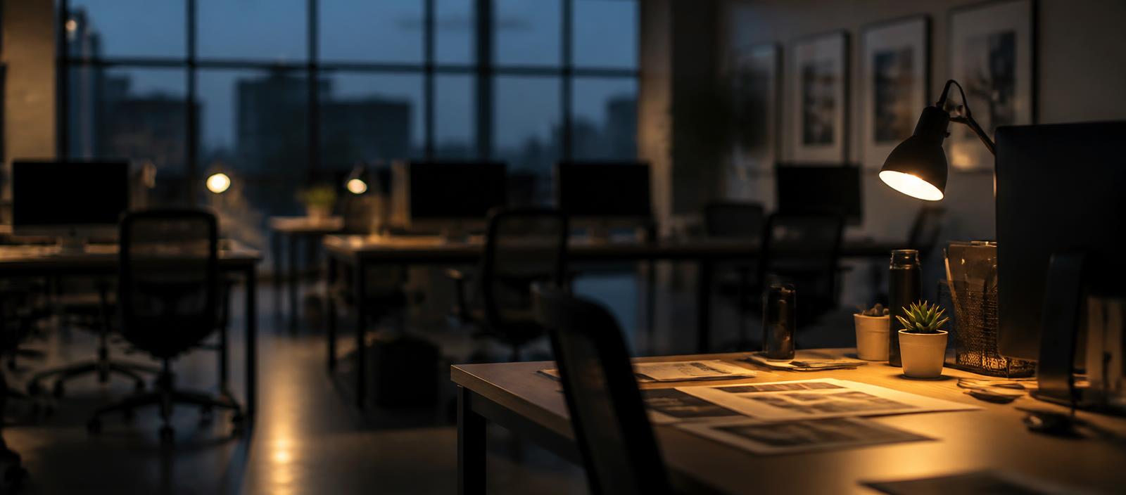 A marketing studio at dusk with dimmed monitors and one warm lamp over printouts