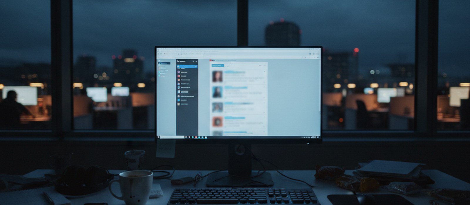 A support ops manager's desk at night, one monitor glowing with a chat dashboard, coffee cup beside the keyboard