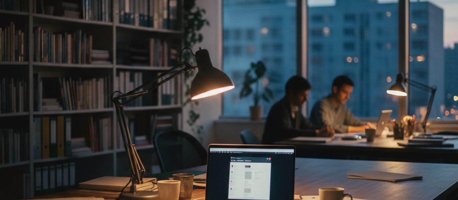 An office bookshelf and desk at dusk, a laptop open to a document archive, warm lamp light across the keyboard
