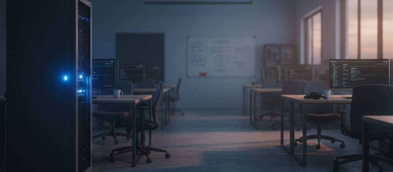 A quiet office at dusk with a server rack indicator light glowing beside a darkened workstation