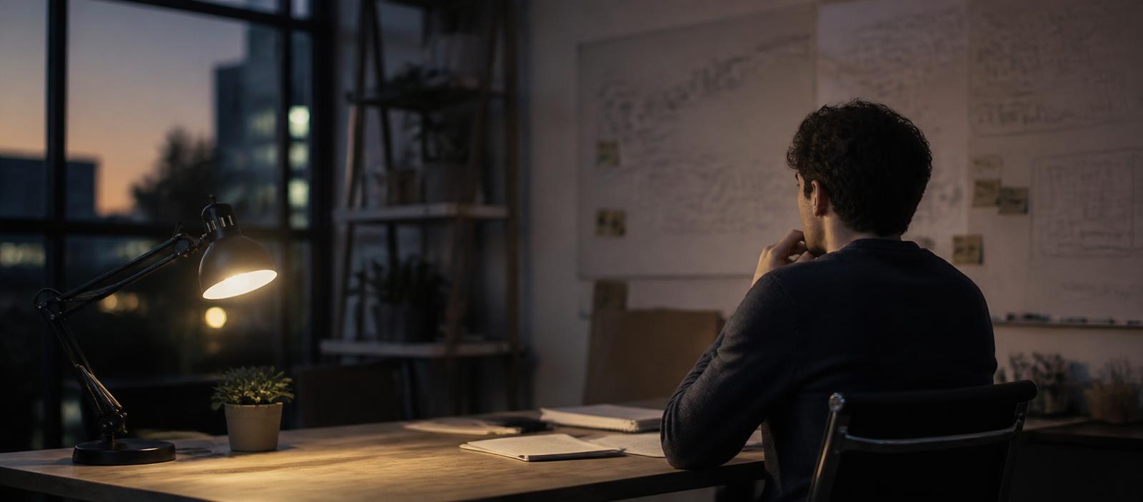 A quiet studio office at dusk with a whiteboard of diagrams and one desk lamp glowing