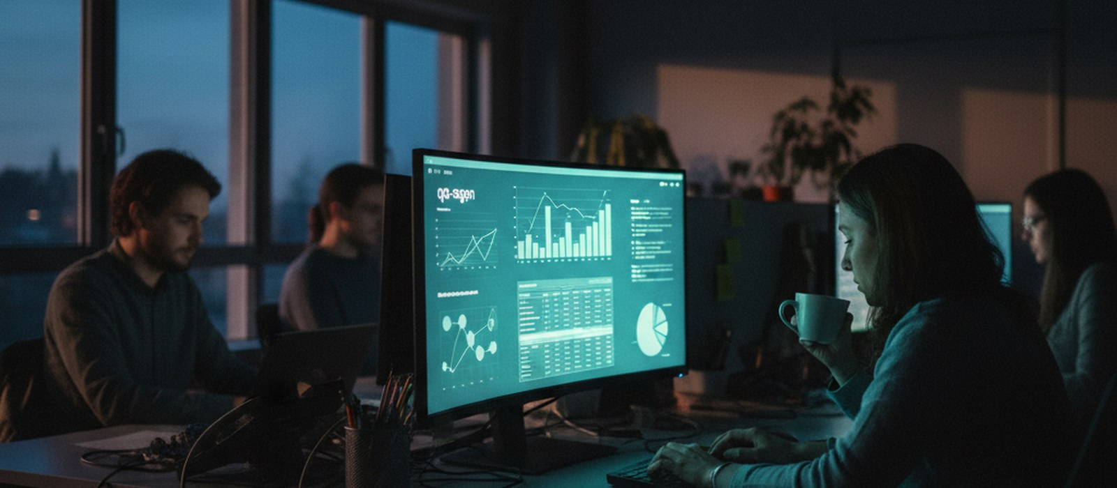 A dim office at dusk with a monitor showing a quality dashboard glowing in the low light