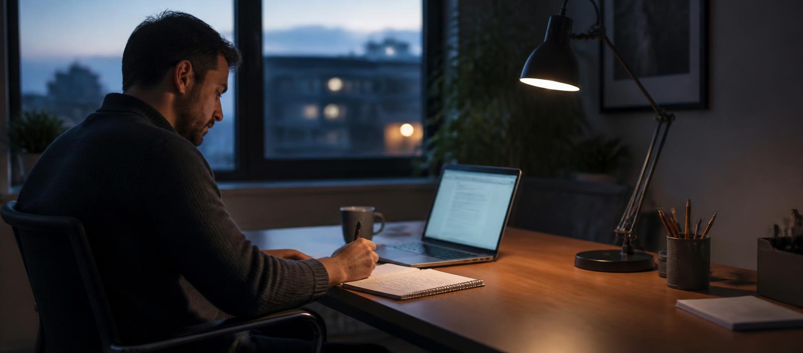 A quiet home office at dusk with a lit desk lamp, open laptop and handwritten notes