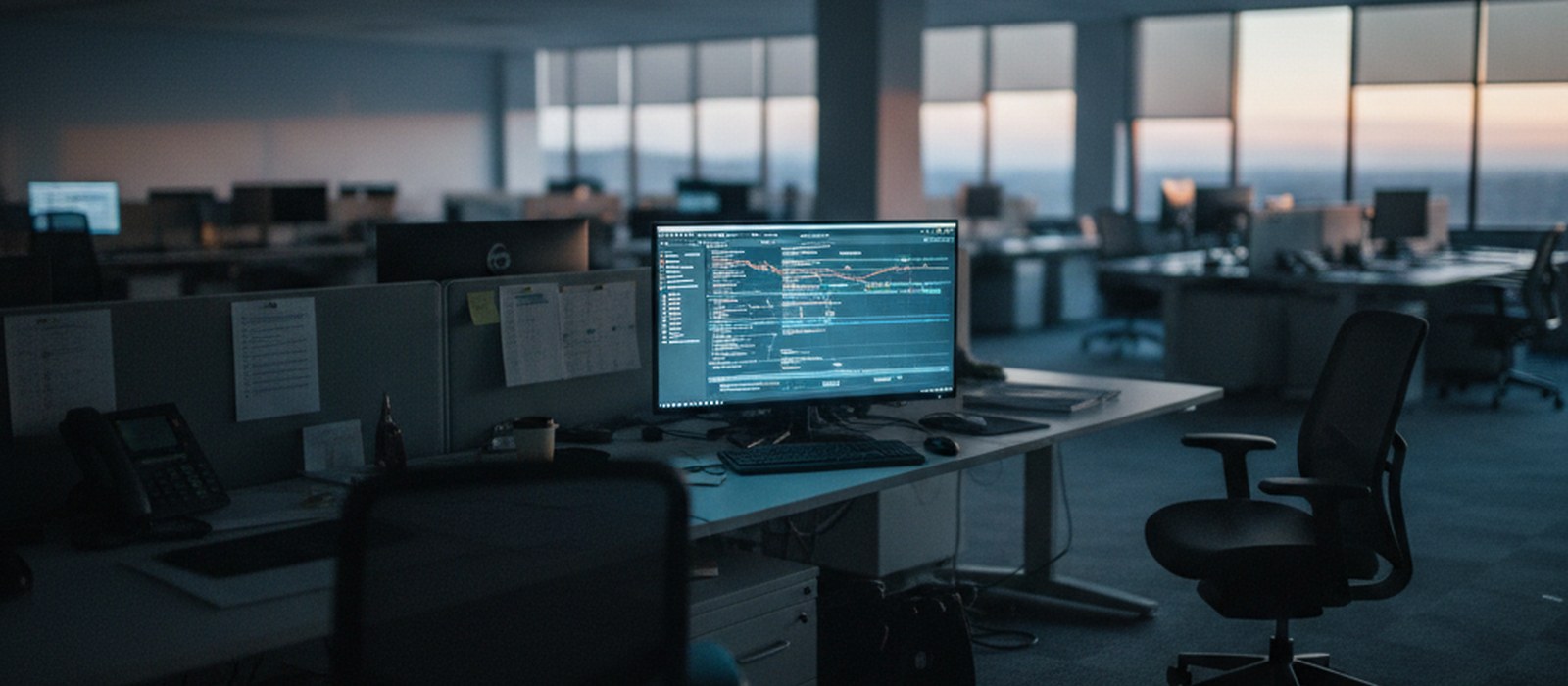 An empty office at dusk with a single monitor still showing an agent's run history scrolling