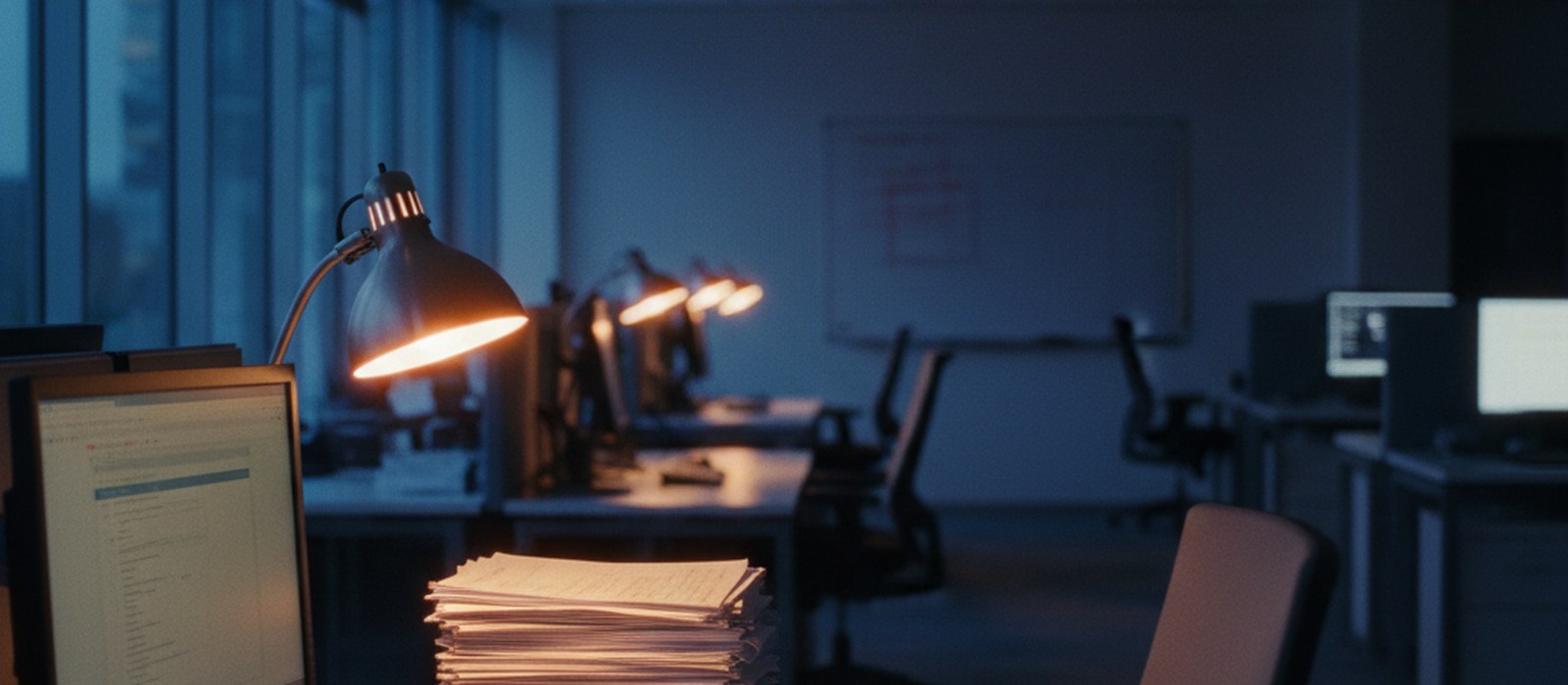 A finance office at dusk, a single desk lamp lit over a keyboard and a stack of invoices waiting for morning review