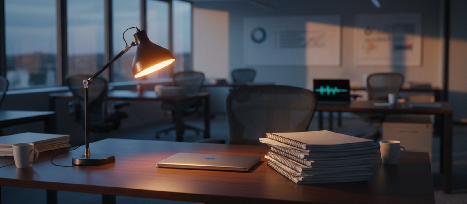An empty finance office at dusk with a single desk lamp lighting a closed laptop and a stack of printed reports