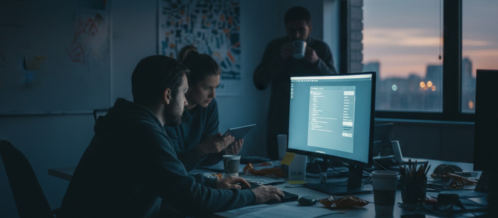 A dim office at dusk with a single monitor glowing, showing a prompt editor window