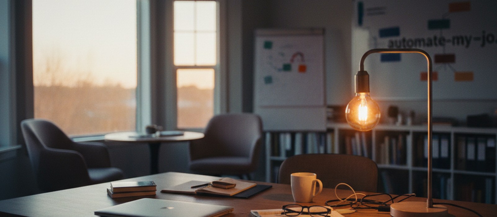A quiet home office at dusk with a laptop closed and a single lamp left on