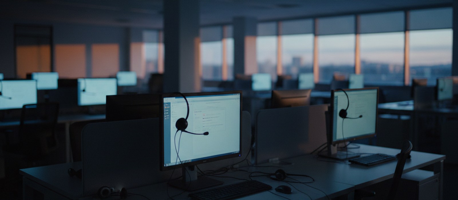 An empty sales floor at dusk with headsets resting on desks and monitors still glowing