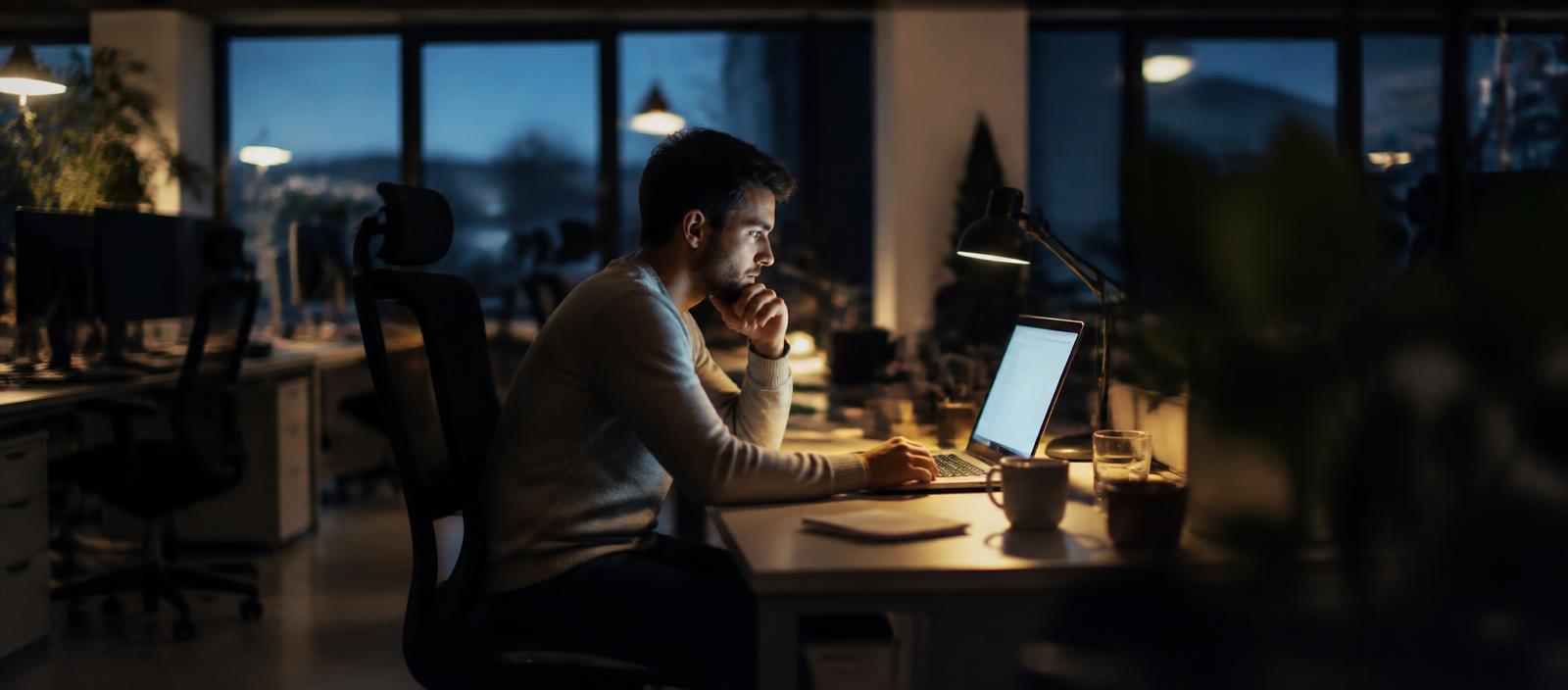 A modern open-plan office at dusk with one lit desk and an open laptop